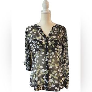 LOFT sheer floral black, white and green button down